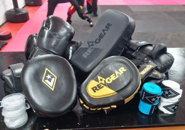 Revgear focus pads, boxing gloves and hand wraps